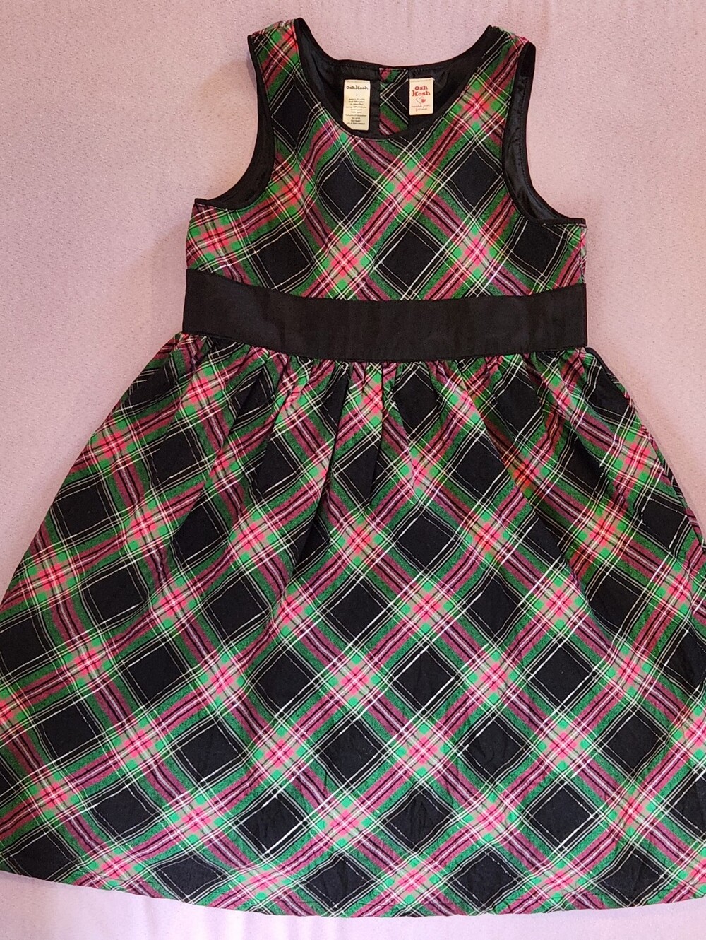 2006 OshKosh Made Just For Me Holiday Party Black Green Pink Plaid 7yr Dress